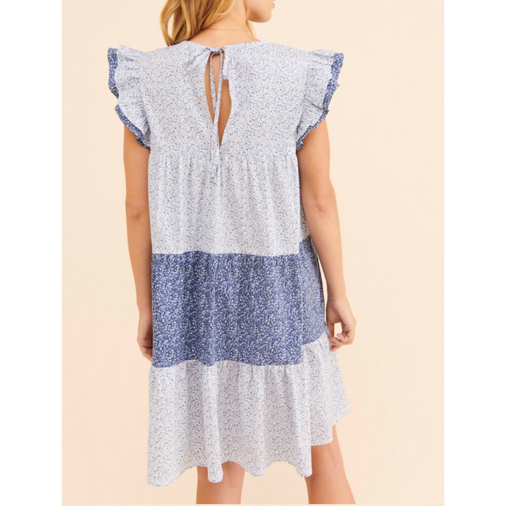 English Factory Blue Multi Floral Tiered Mini Dress Ruffle Sleeve XS NEW - Picture 3 of 7